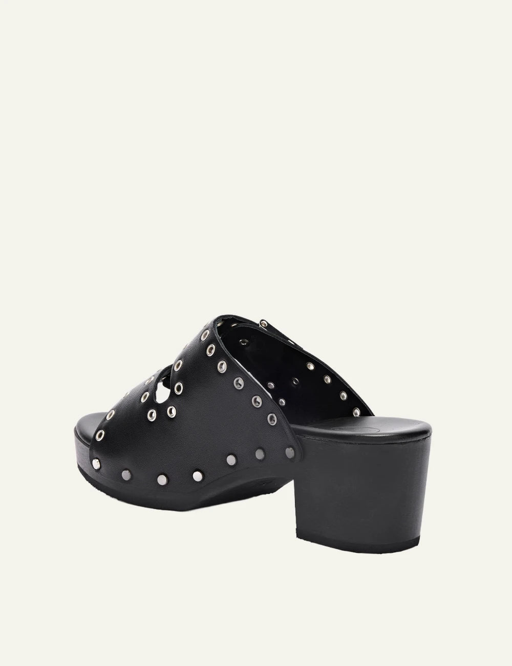 Scholl Pescura Ibiza double strap black studded mules back view