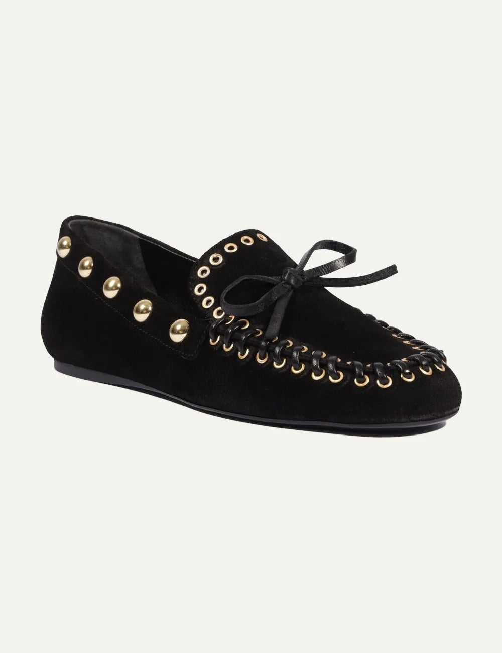 Schutz Women’s Black Suede Loafers with Gold Studs front angle view
