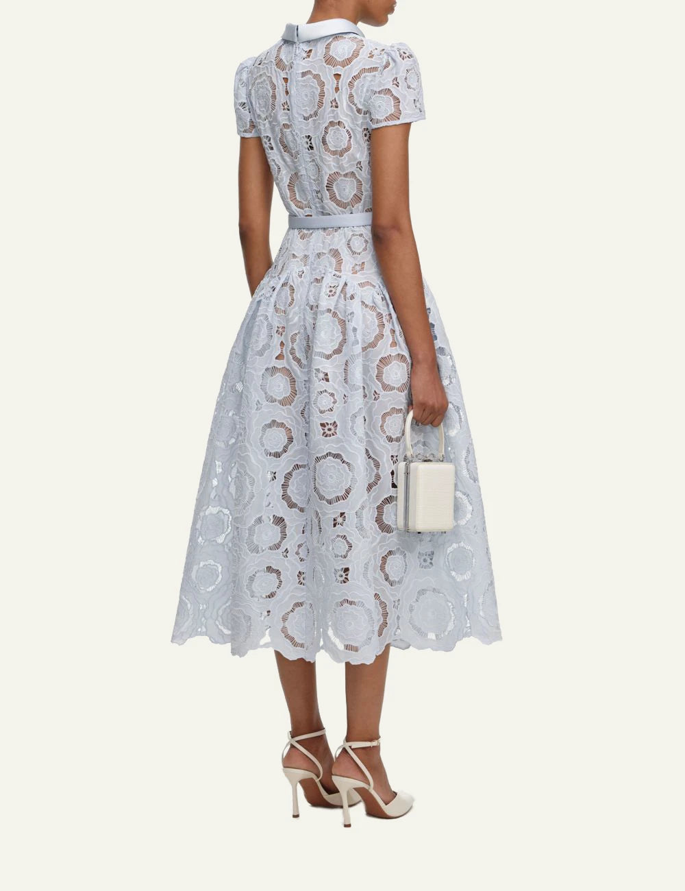 Self Portrait baby blue lace midi dress high neck full skirt scalloped hem back look