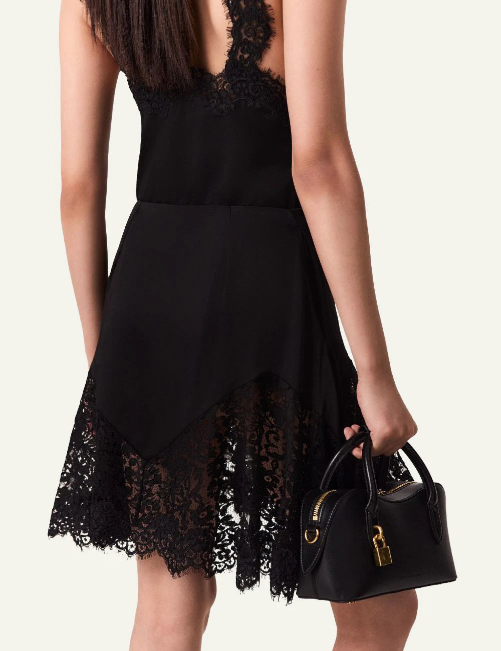 Stella McCartney black satin mini skirt with floral lace trim back