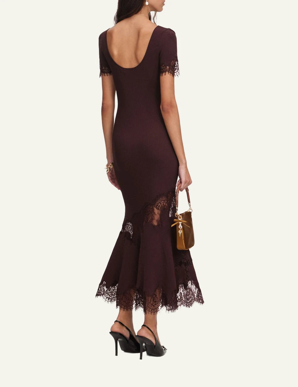 Self-Portrait chocolate ribbed knit midi dress with lace details and mermaid hem back