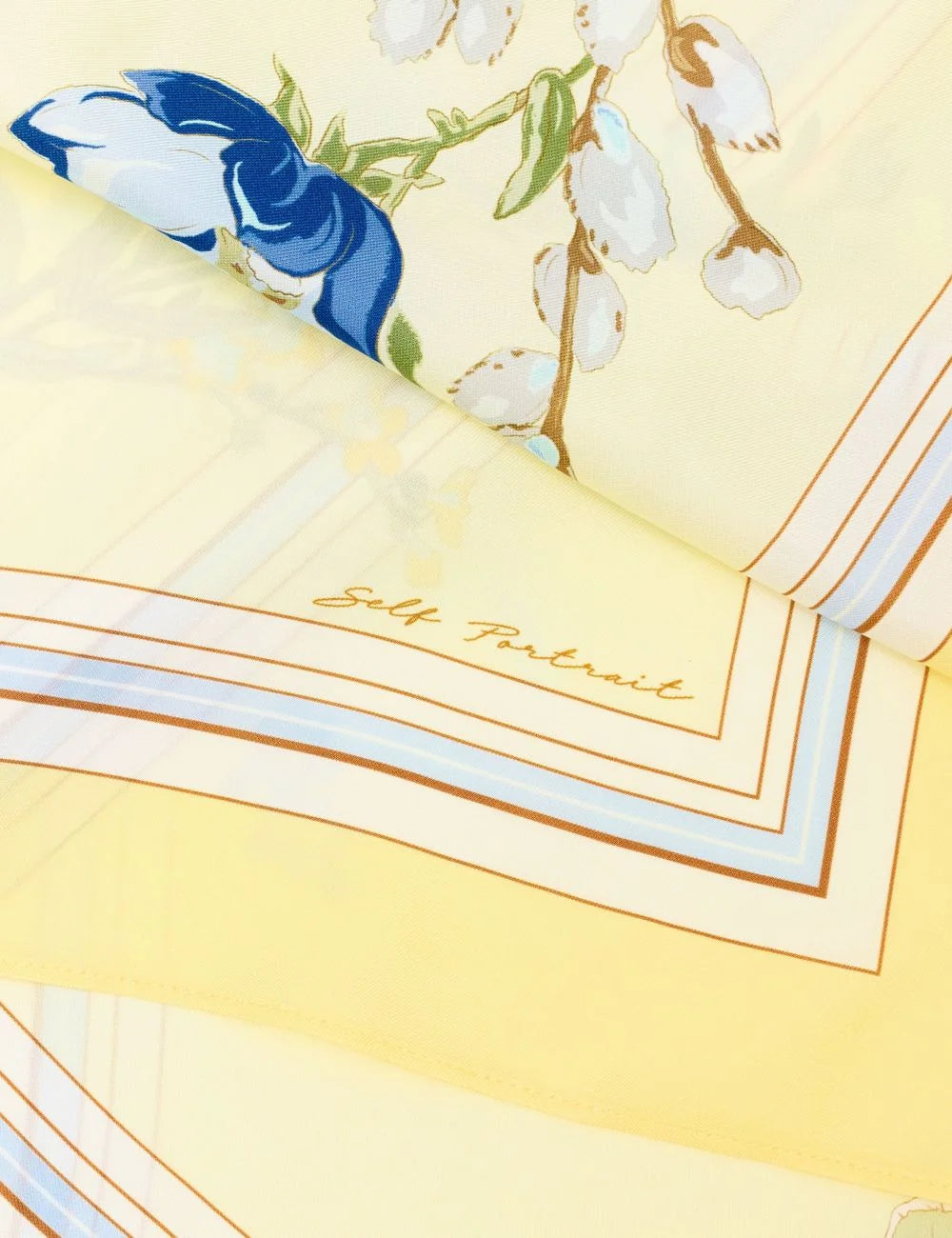 Self Portrait scarf lemon floral print blue flowers square detail