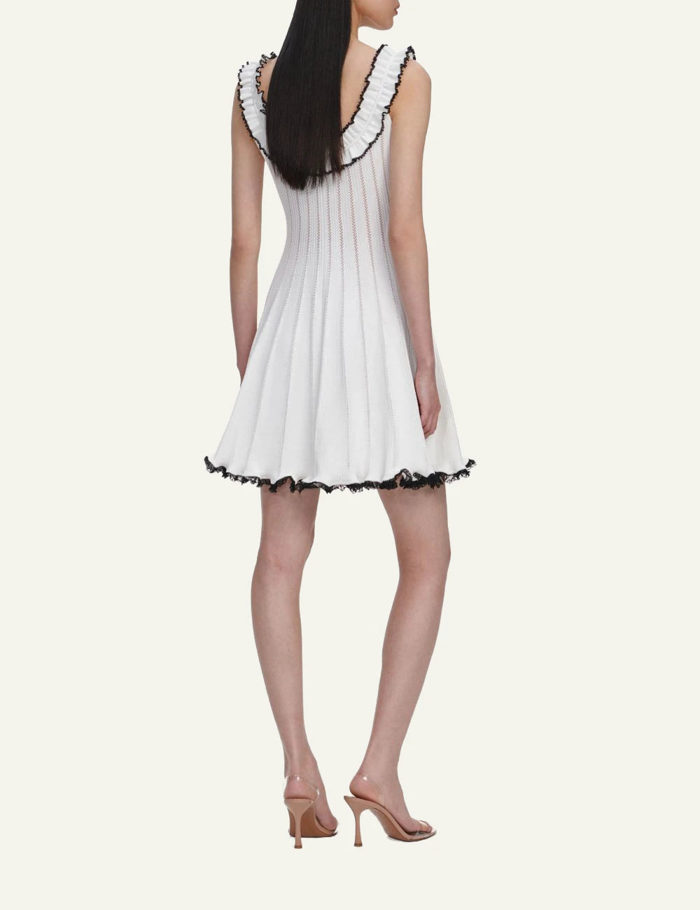 Self Portrait white pointelle knit mini dress contrast trim back view