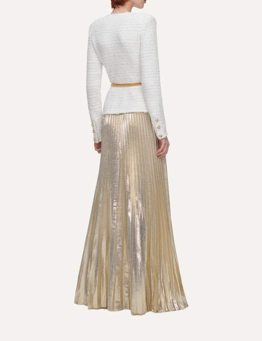 Self-Portrait women cream bouclé knit and gold pleated chiffon maxi dress with chain be back detail