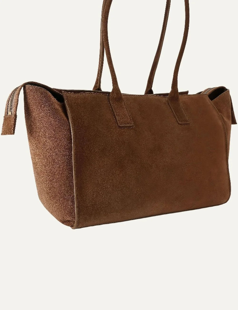 Kurt Geiger women's brown suede shopper tote bag with long shoulder handles, antique gold eagle head and decorative chain detail back