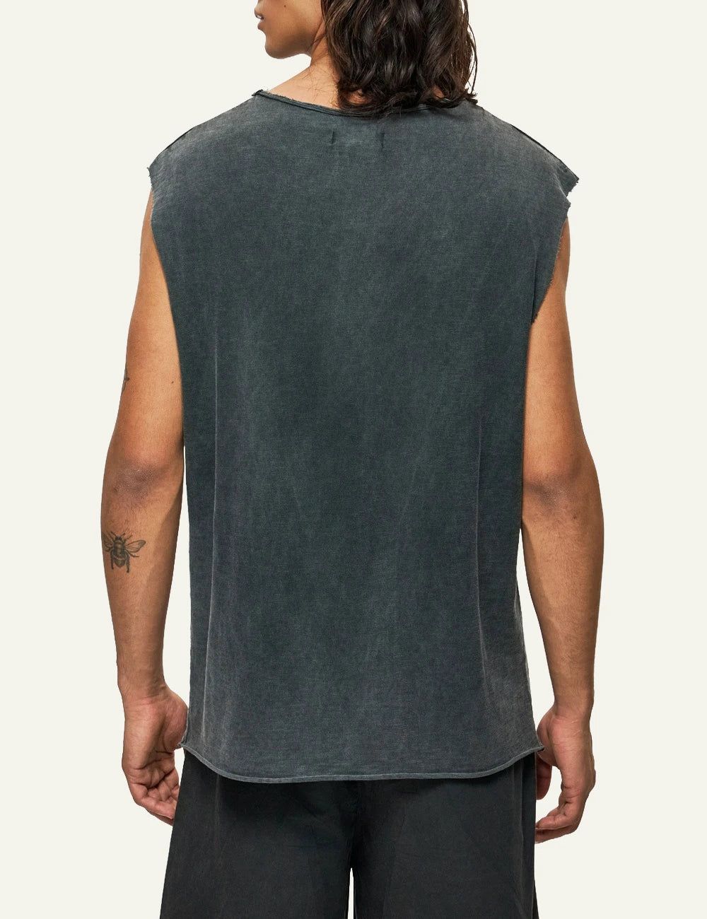 dark grey slub tank top raw edge sleeveless relaxed fit back model view