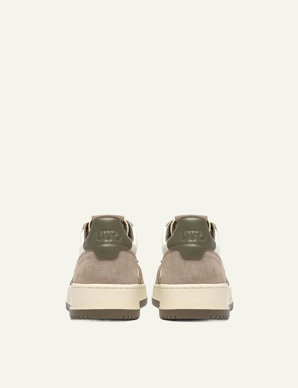 Men's Autry Medalist white leather and beige suede sneakers with olive green heel back