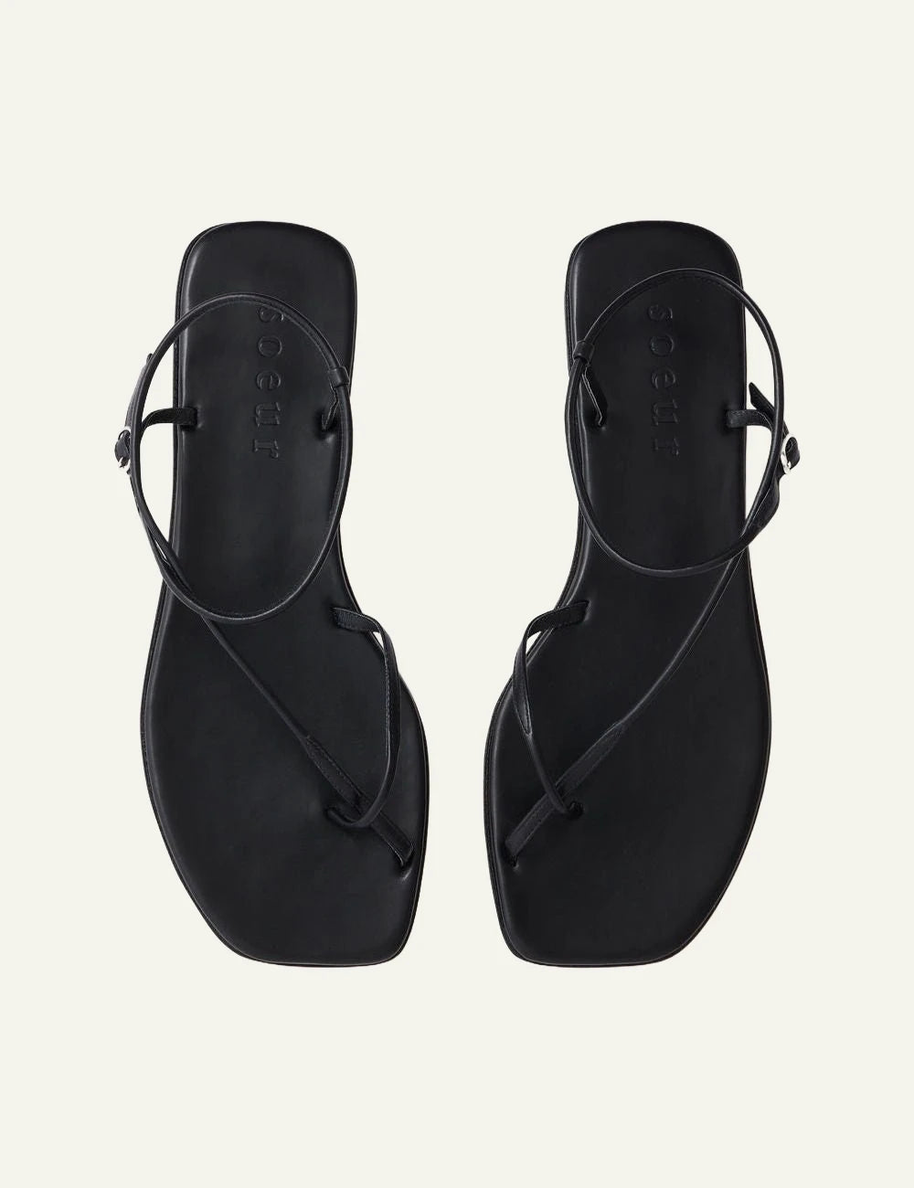 Soeur black leather strappy sandals flat top view
