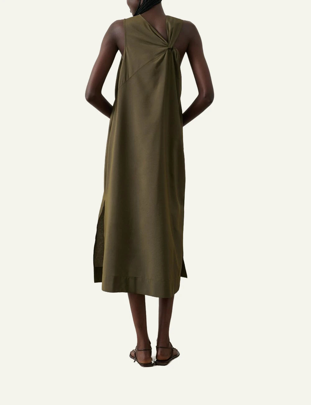 Soeur Emna asymmetric dress khaki midi fluid fabric back view