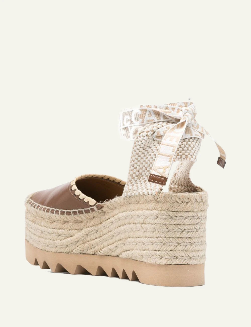Stella McCartney Gaia wedge espadrilles tan me ankle tie logo straps back view
