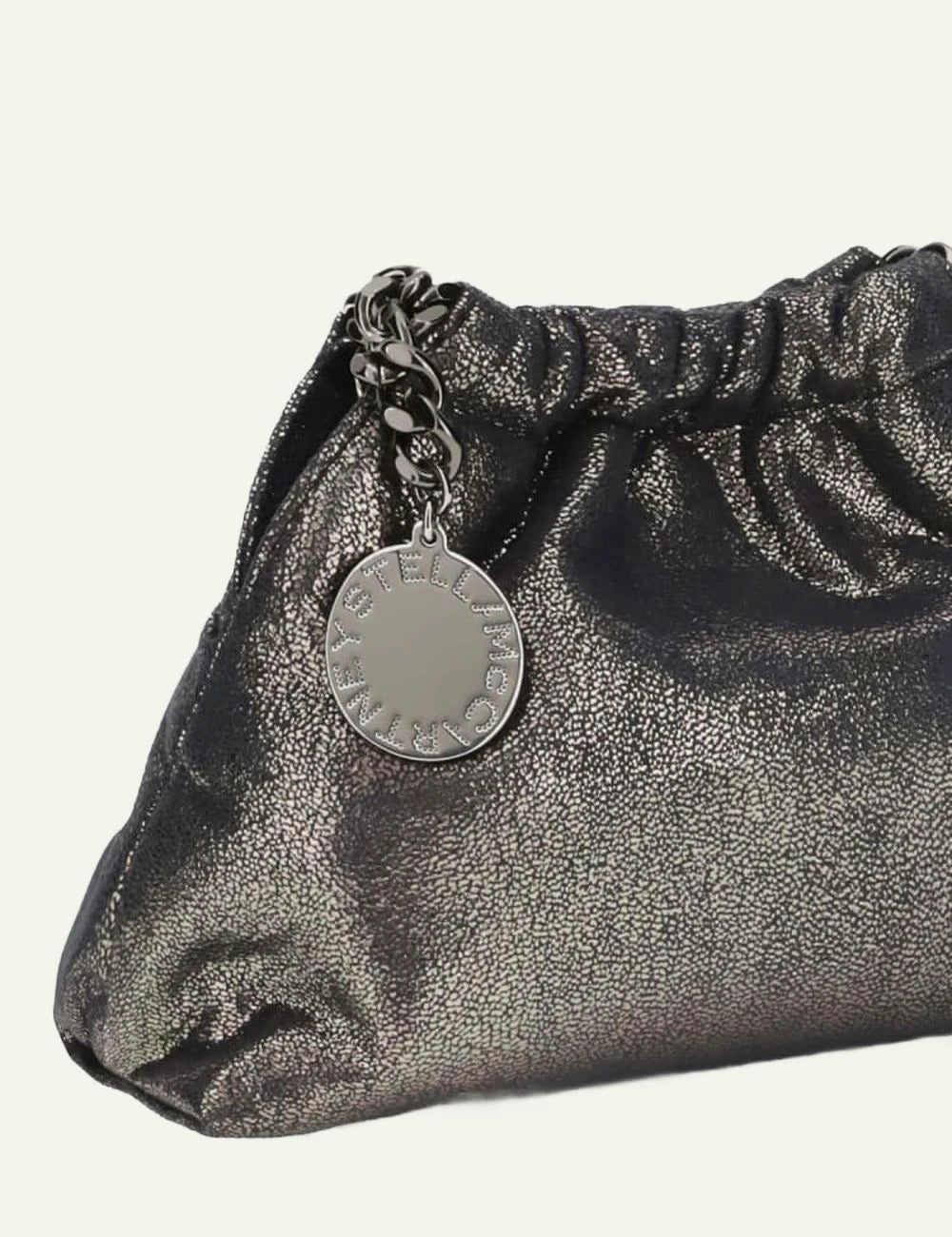 Stella McCartney metallic laminated pouch bag with mesh handle detail