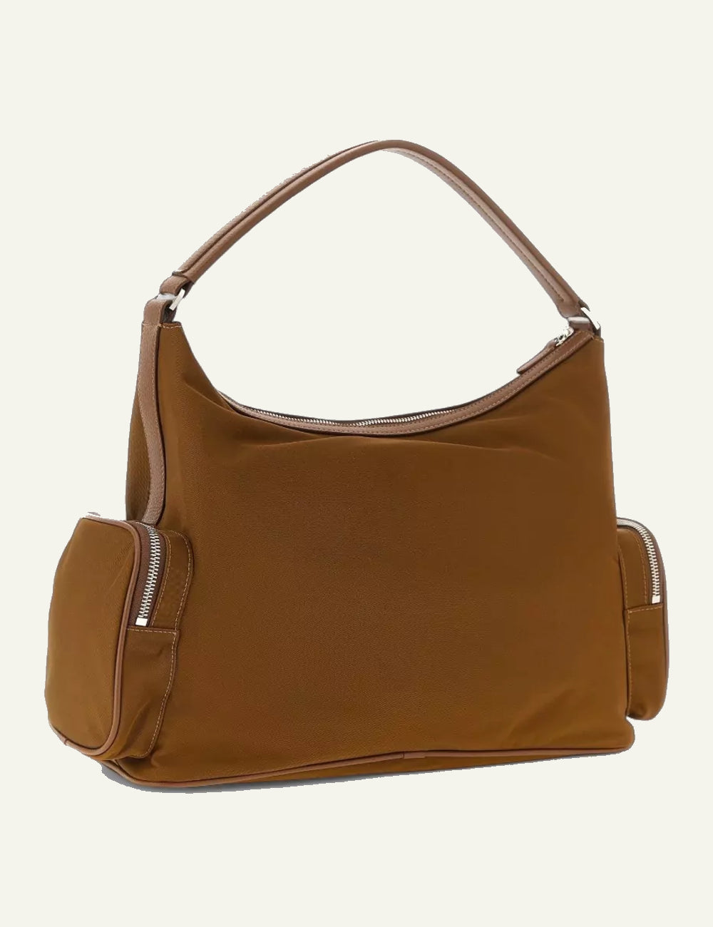 Stella McCartney shoulder bag in brown vegan leather with front zip pocket, side compartments and logo charm, back flat view