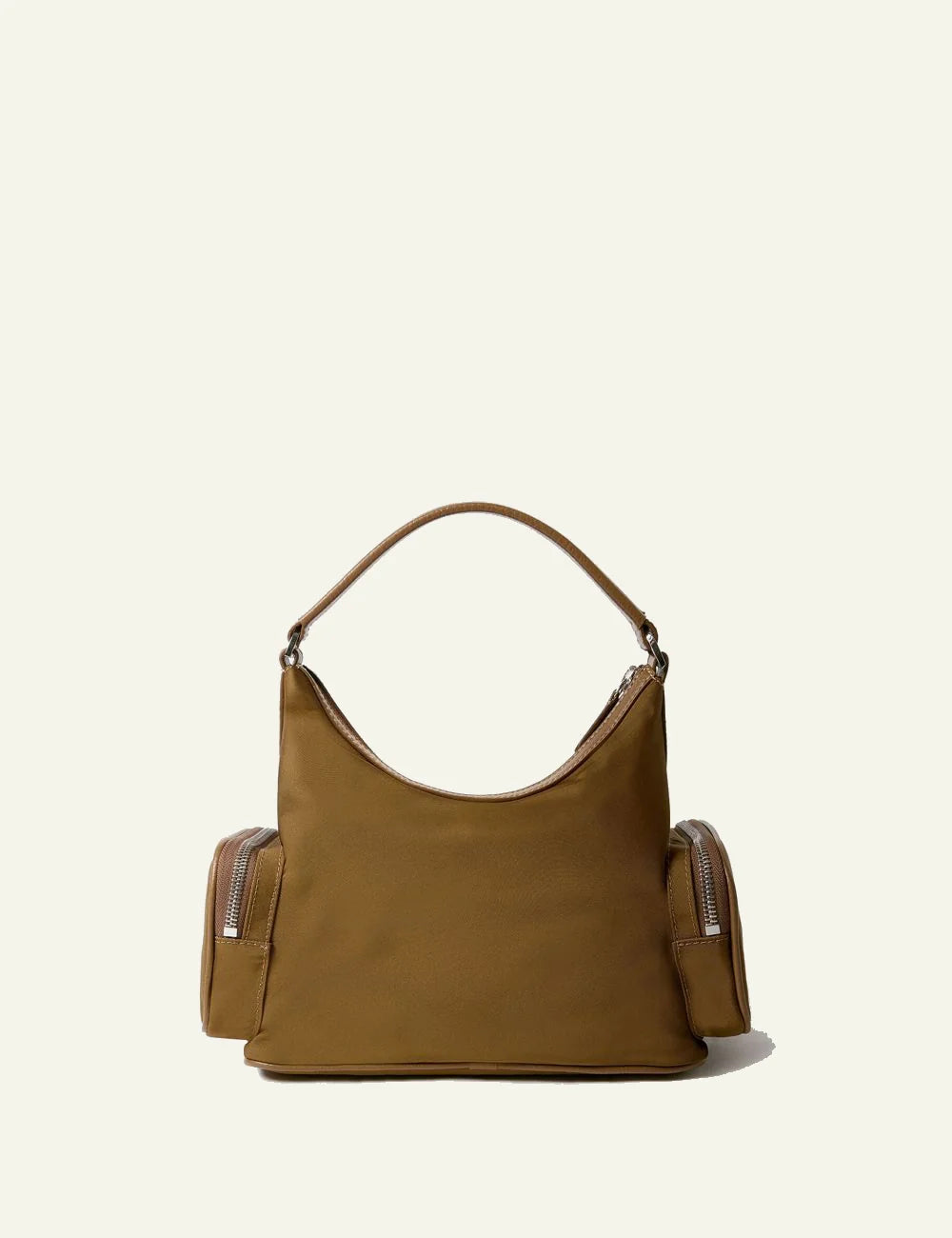Stella McCartney shoulder bag in camel vegan leather with front zip pocket, side compartments and logo coin charm, back view