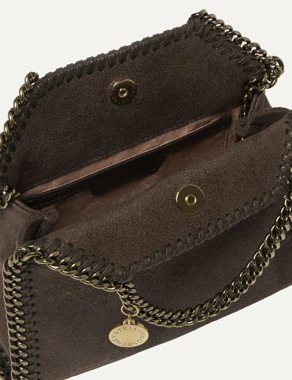 Stella McCartney women Falabella tiny tote bag in Mahogany with vintage finish and signature diamond-cut chain top