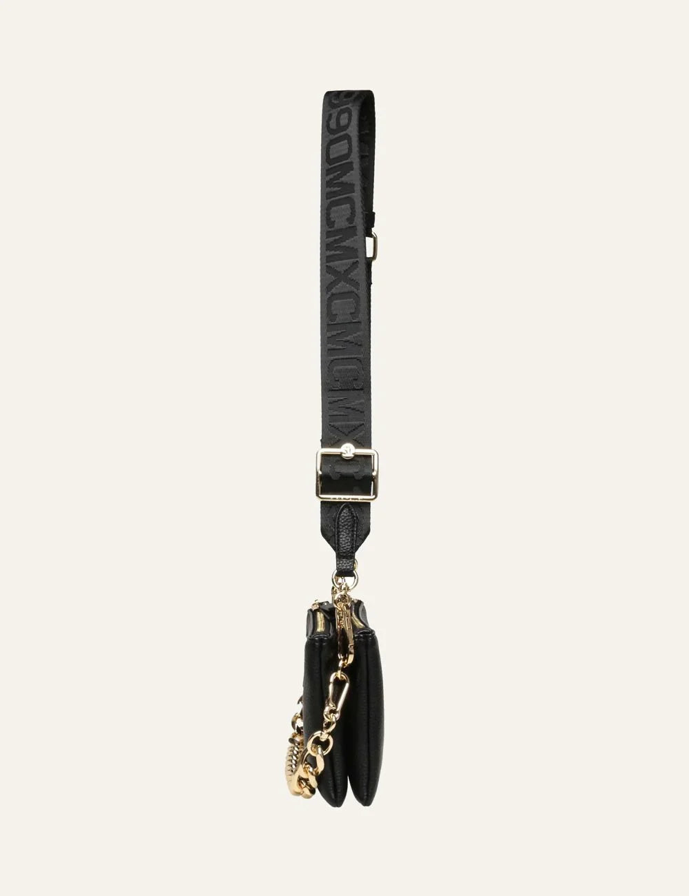 Steve Madden women's black synthetic crossbody bag with embossed logo, adjustable branded shoulder strap, gold tone chain detail along the bottom and top zip closure, sode view