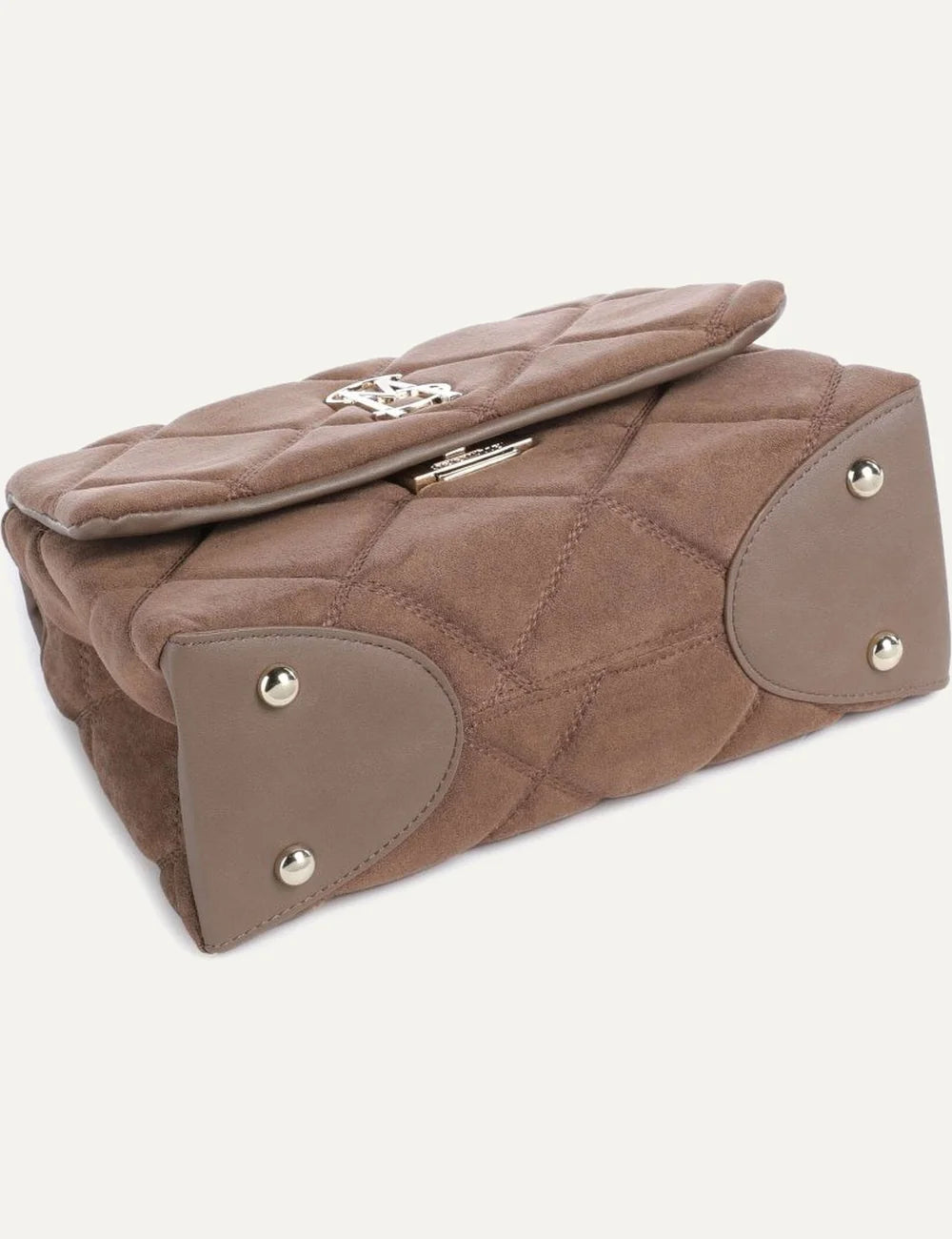 Steve Madden BVOLT-S women's taupe quilted suede effect shoulder bag with diamond stitching, silver tone metal logo, flap closure and interwoven chain shoulder strap, bottom view
