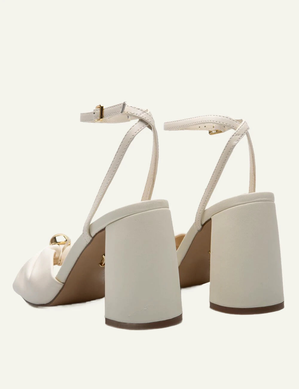 Steve Madden ivory satin leather heel sandal gold detail back side