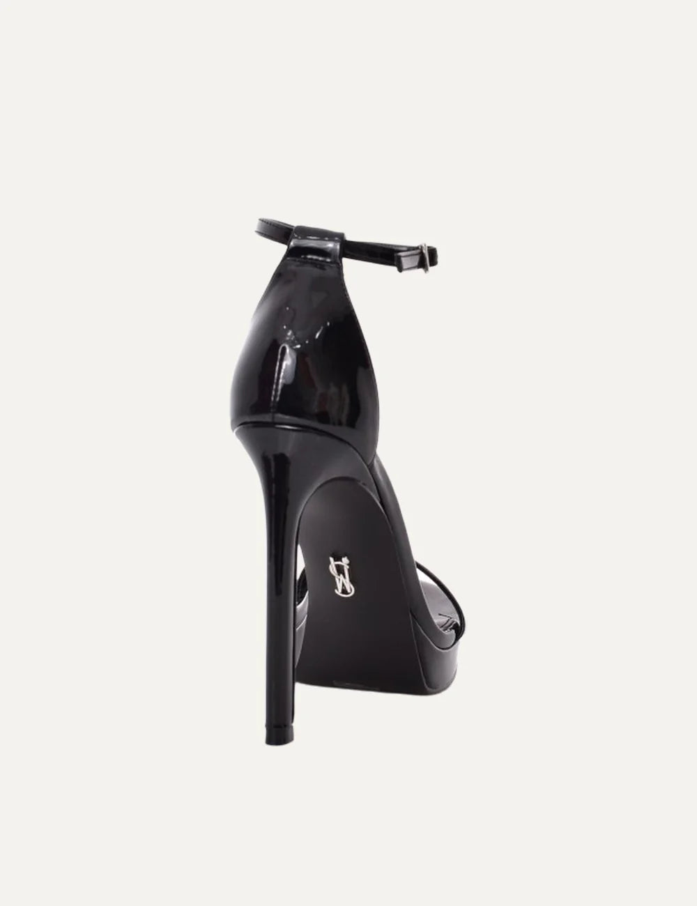 Steve Madden Milano women's black patent faux leather platform sandals with open toe, single front strap, adjustable ankle buckle and 11 cm stiletto heel, back view