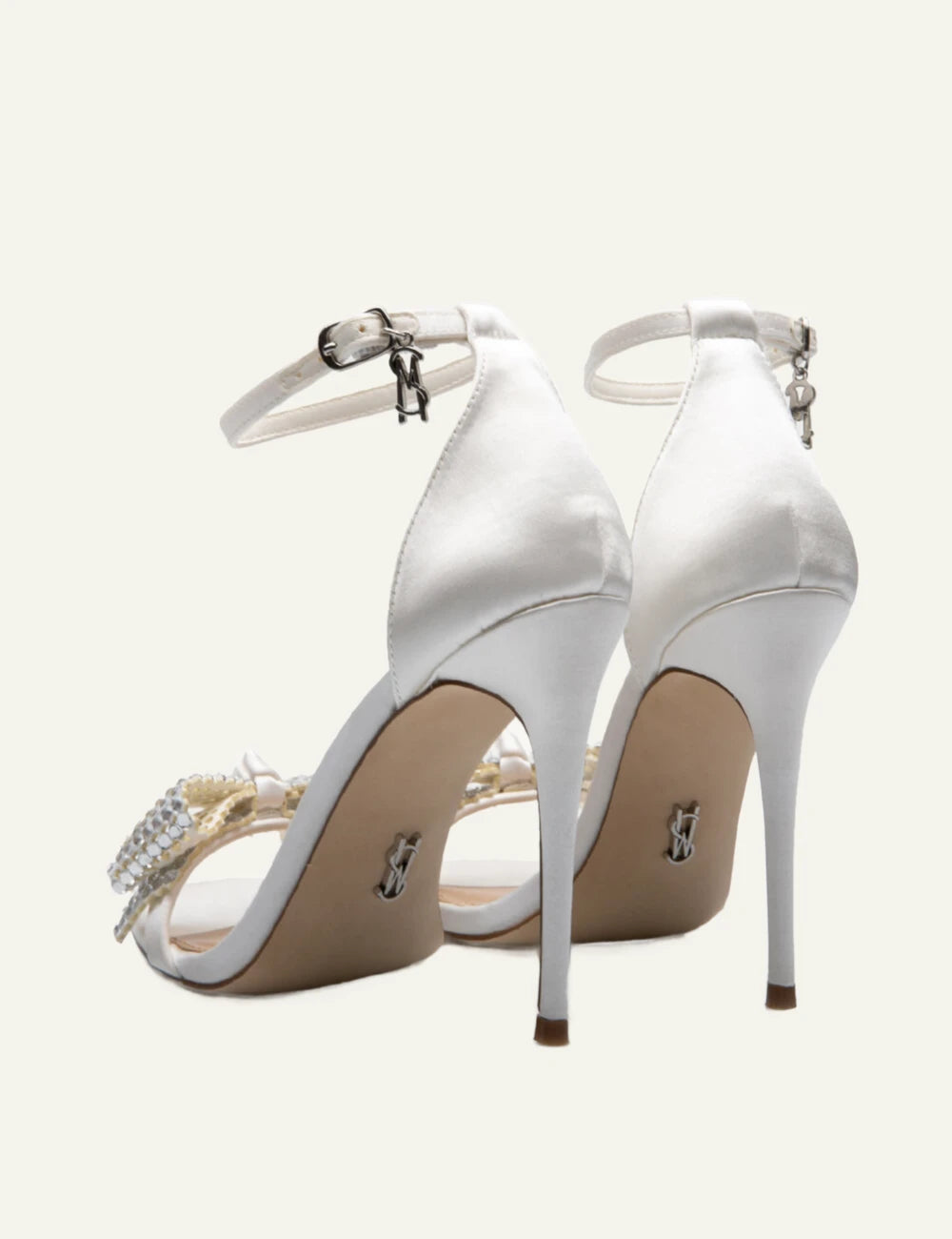 steve madden white satin crystal embellished heels back view