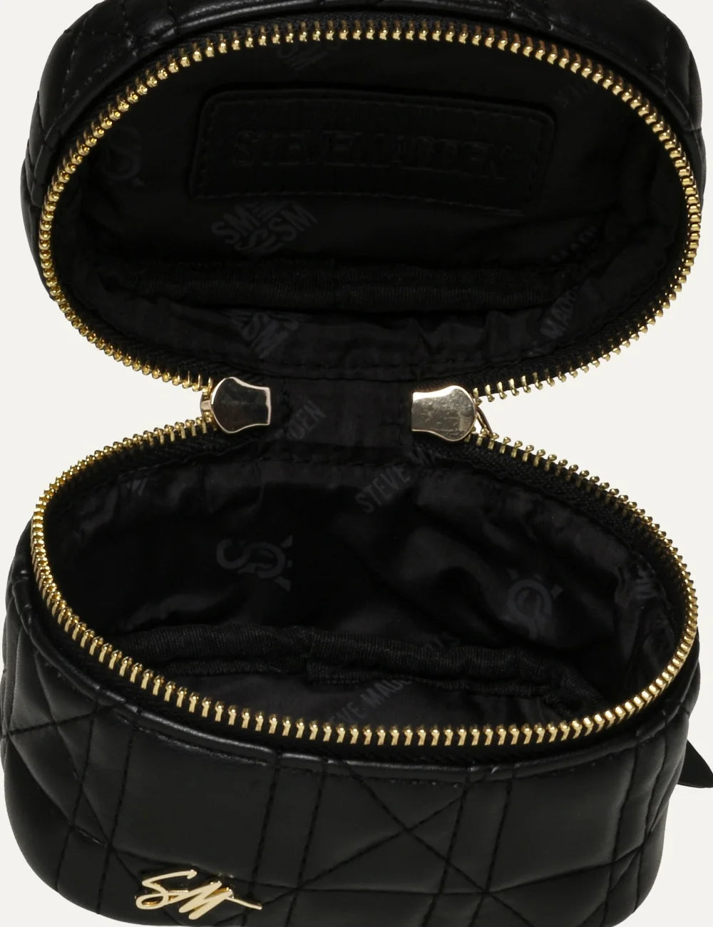 Steve Madden women's mini black quilted synthetic leather handbag with top handle, gold tone double zip closure, elongated zipper pulls and gold SM logo on the front, interior view