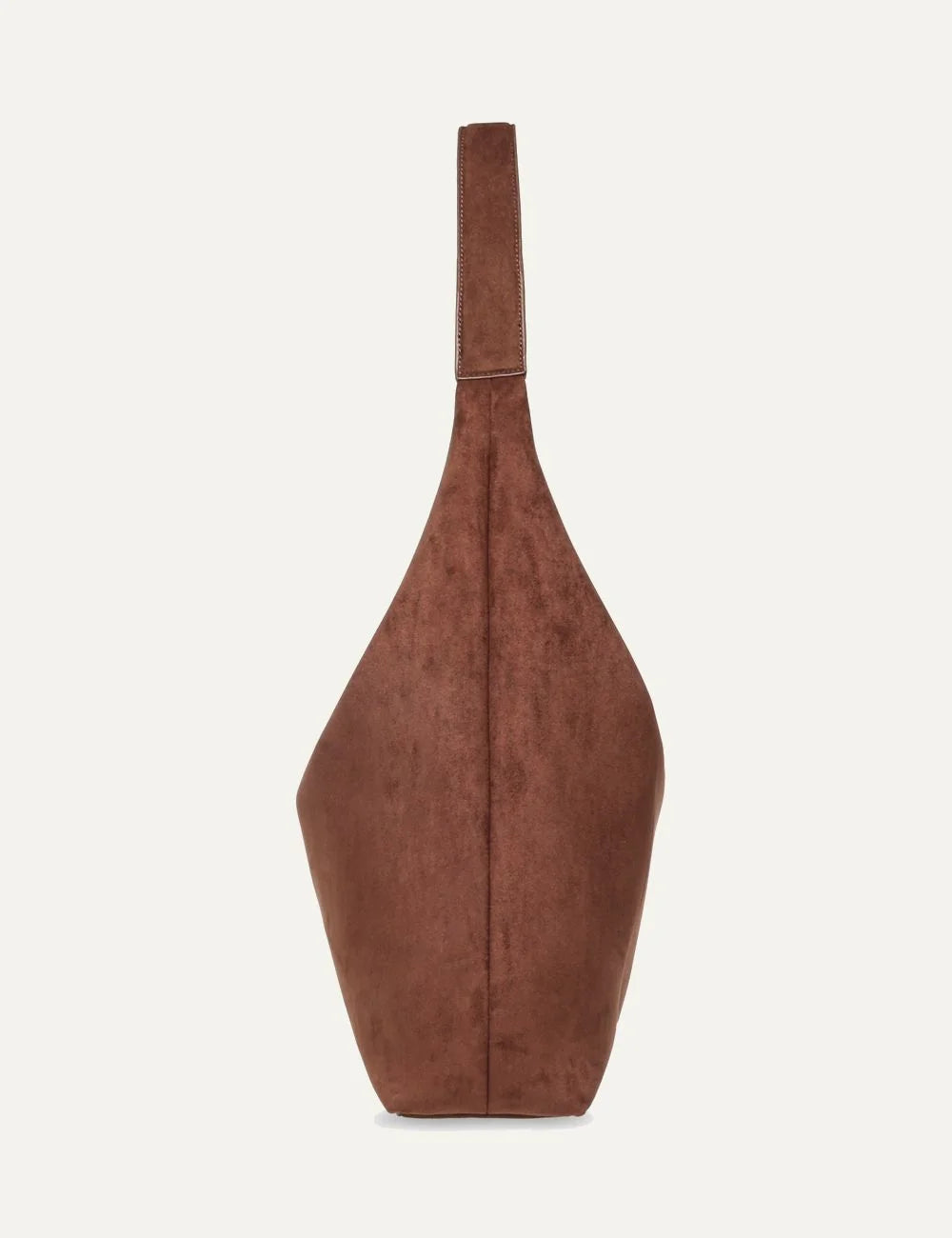 Steve Madden women's chocolate brown suede effect hobo shoulder bag with single long strap, deep U shaped opening, large front patch pocket and gold tone logo, side view