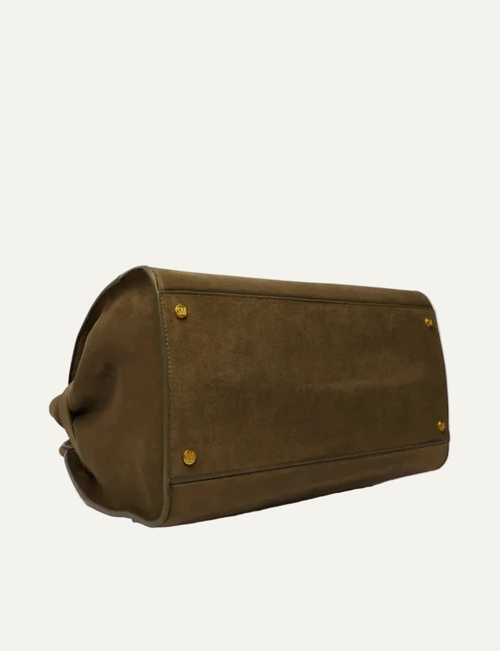 Steve Madden women's olive green suede leather structured handbag with rounded top, two fixed handles, gold tone hardware, subtle front logo and reinforced base, bottom view