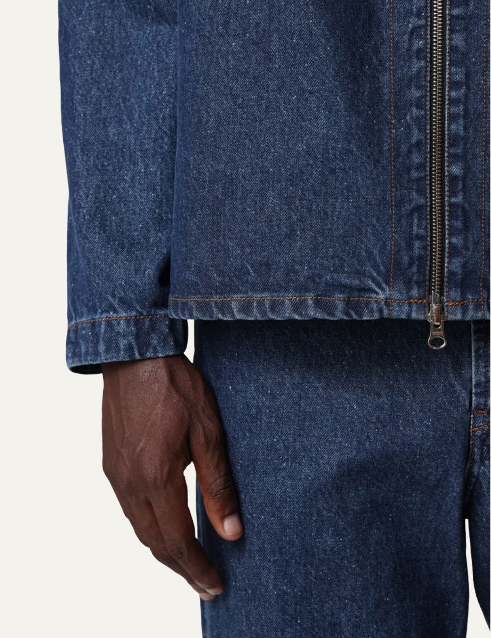Stone Island men's dark indigo denim overshirt with faded wash, zip front, flap chest pocket and signature detail