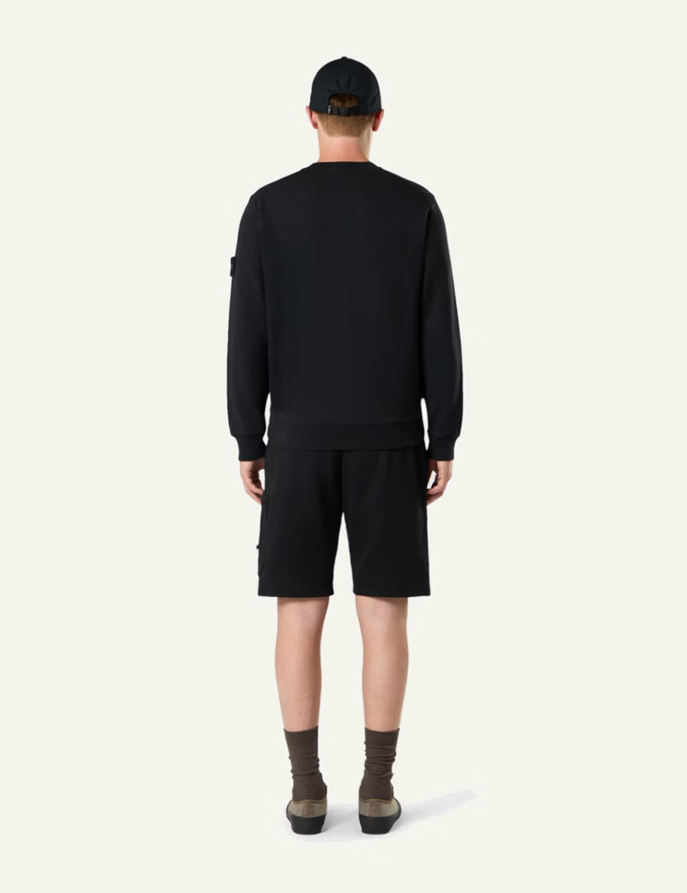 Stone Island organic cotton fleece sweatshirt sky blue front view with compass badge back view