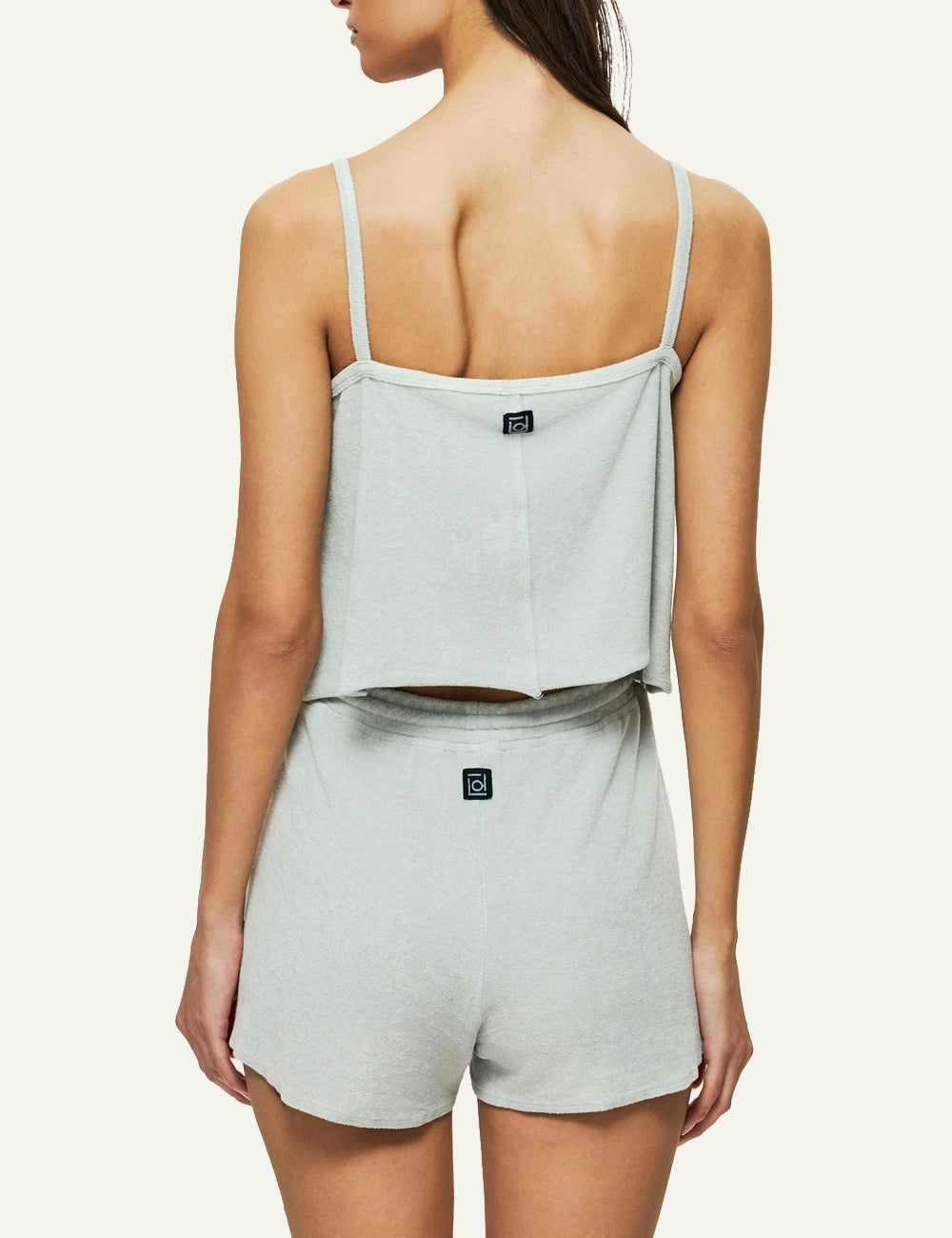 light green terry towel tank top thin straps cropped back model view