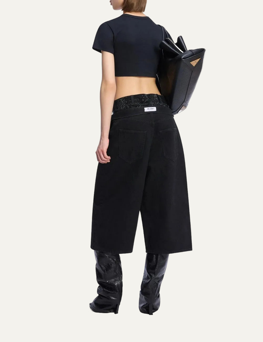 The Attico washed black wide leg jeans with crystal embellished double waist for women back view