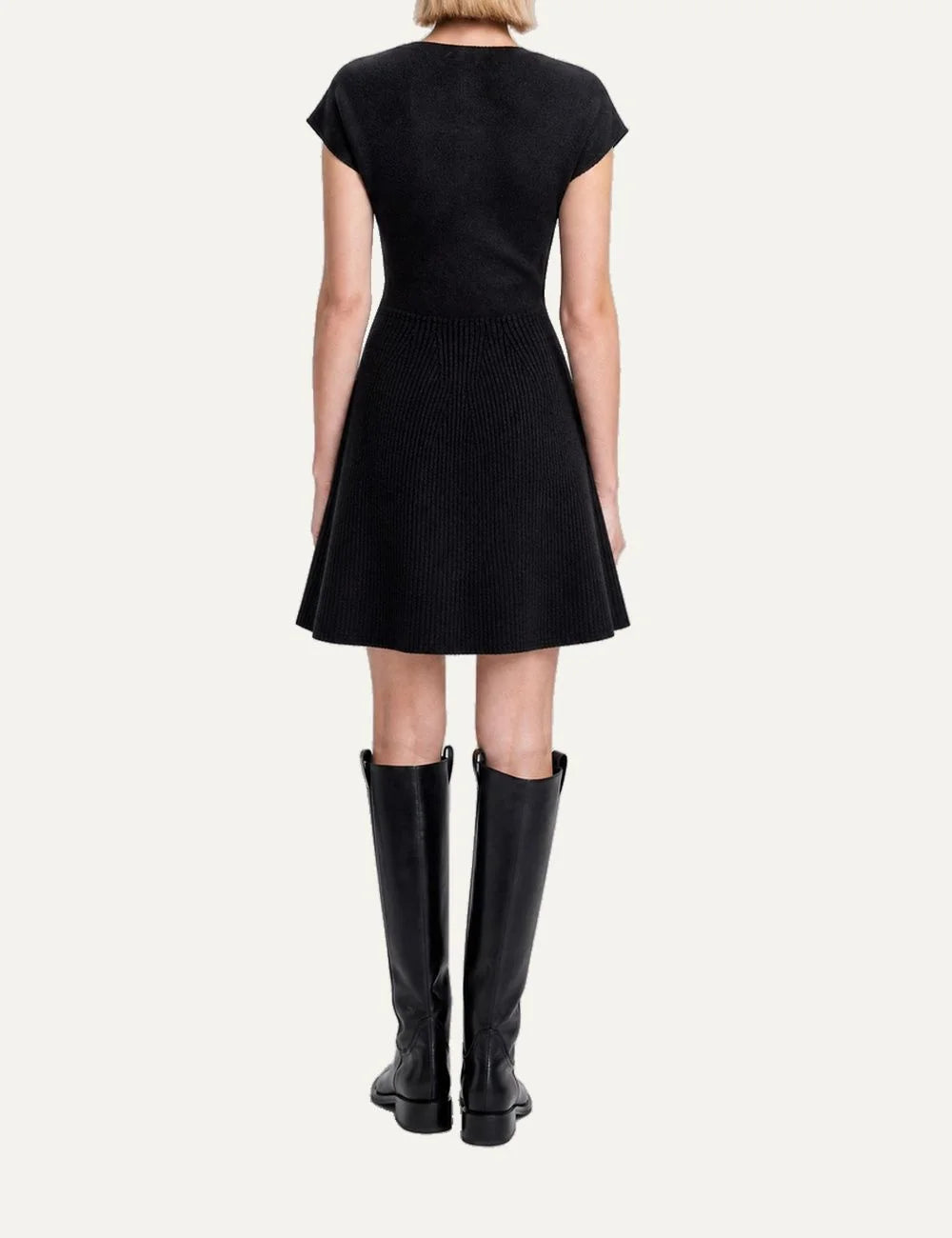 The Kooples women's black mini knit dress with round neckline, short sleeves, fitted waist, subtly flared hem and concealed back zipper back