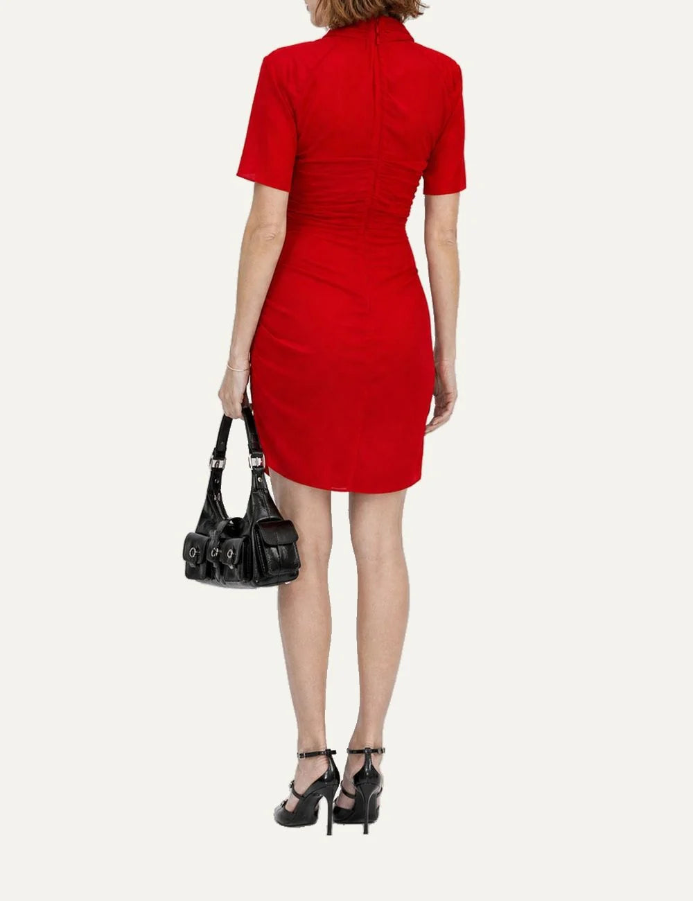The Kooples women's red mini dress with draped details, short sleeves and removable neck bow back