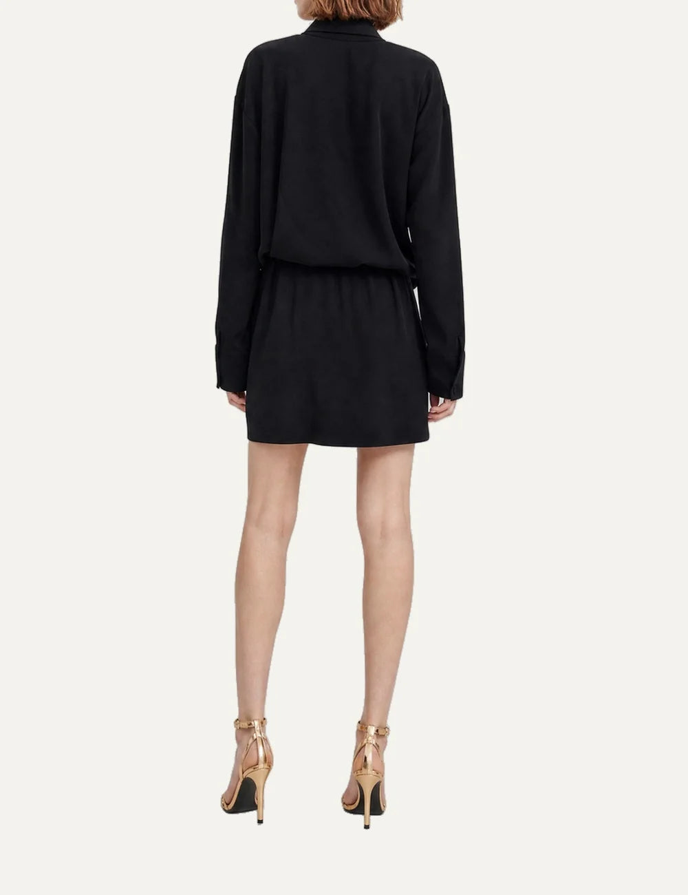 The Kooples women's black mini dress with V-neck wrap design, long sleeves, fitted silhouette and removable neck scarf back
