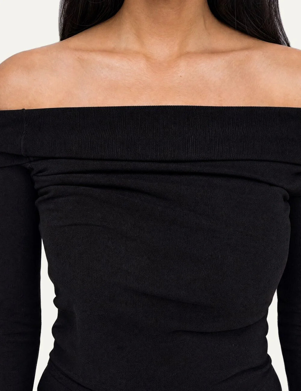 The Kooples women's black off-the-shoulder top with long sleeves, wide folded neckline and fitted silhouette detail