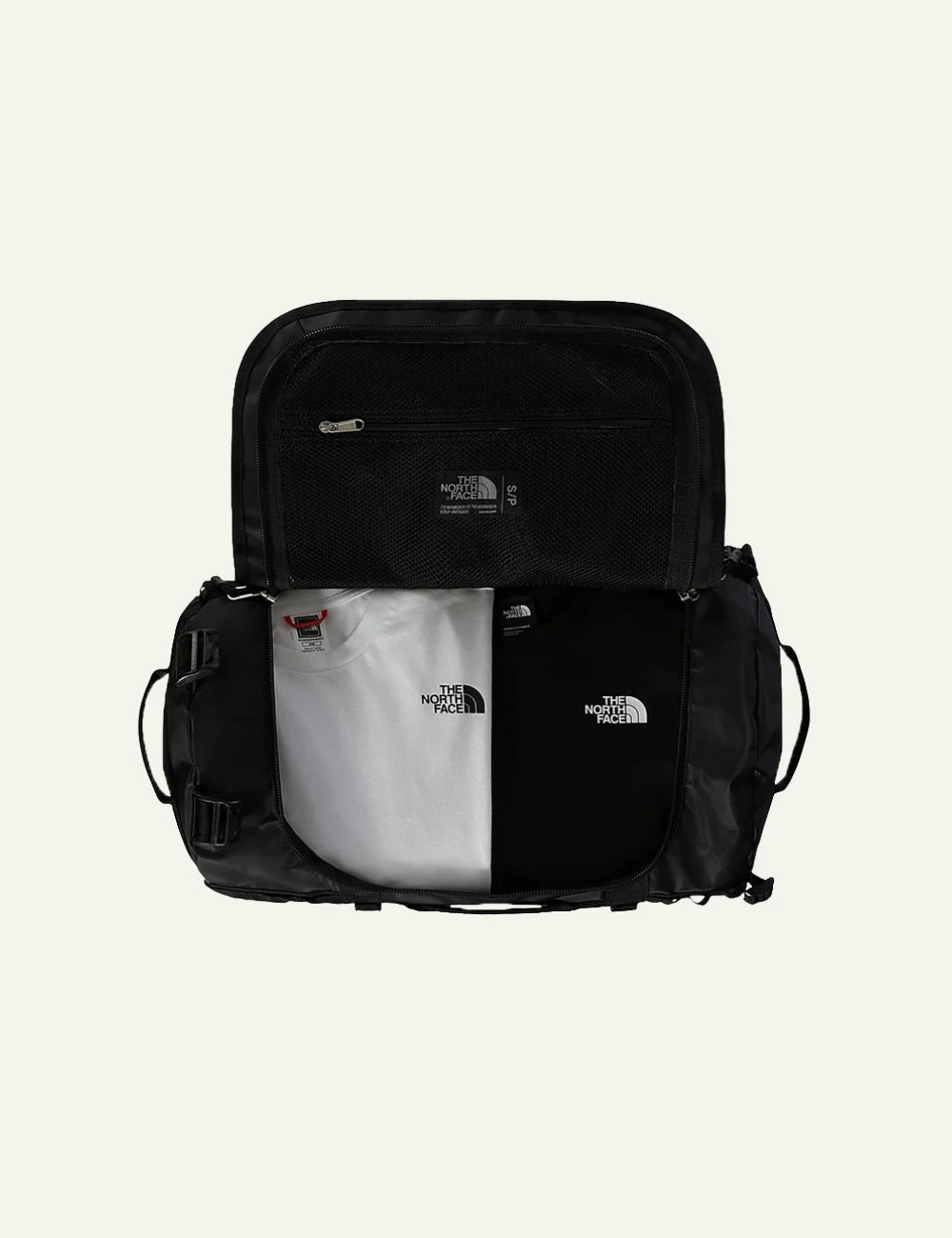 The North Face Base Camp duffel bag black 50L top view logo travel