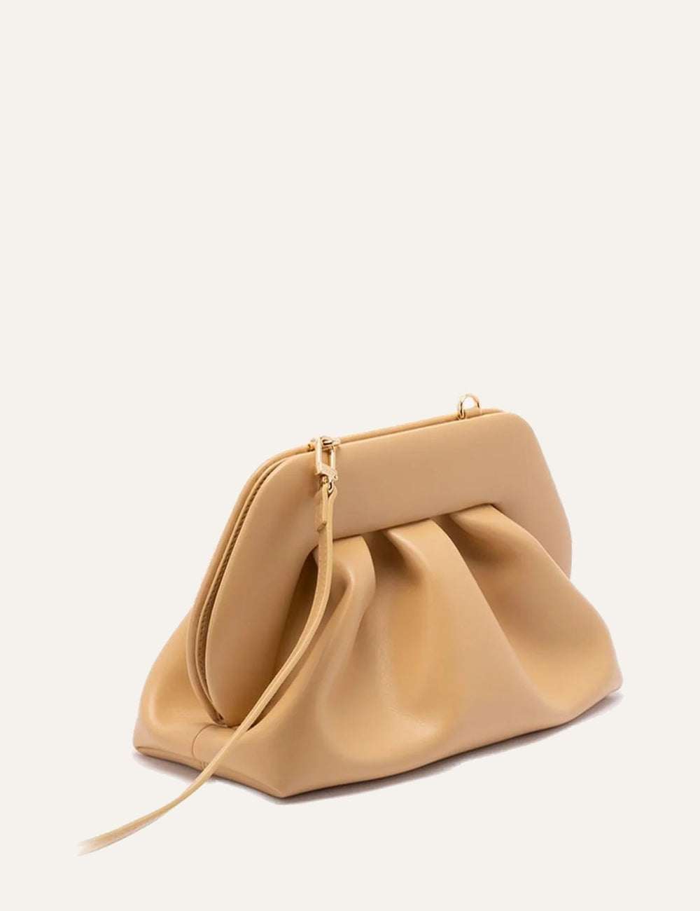 Themoirè clutch bag beige side view with shoulder strap