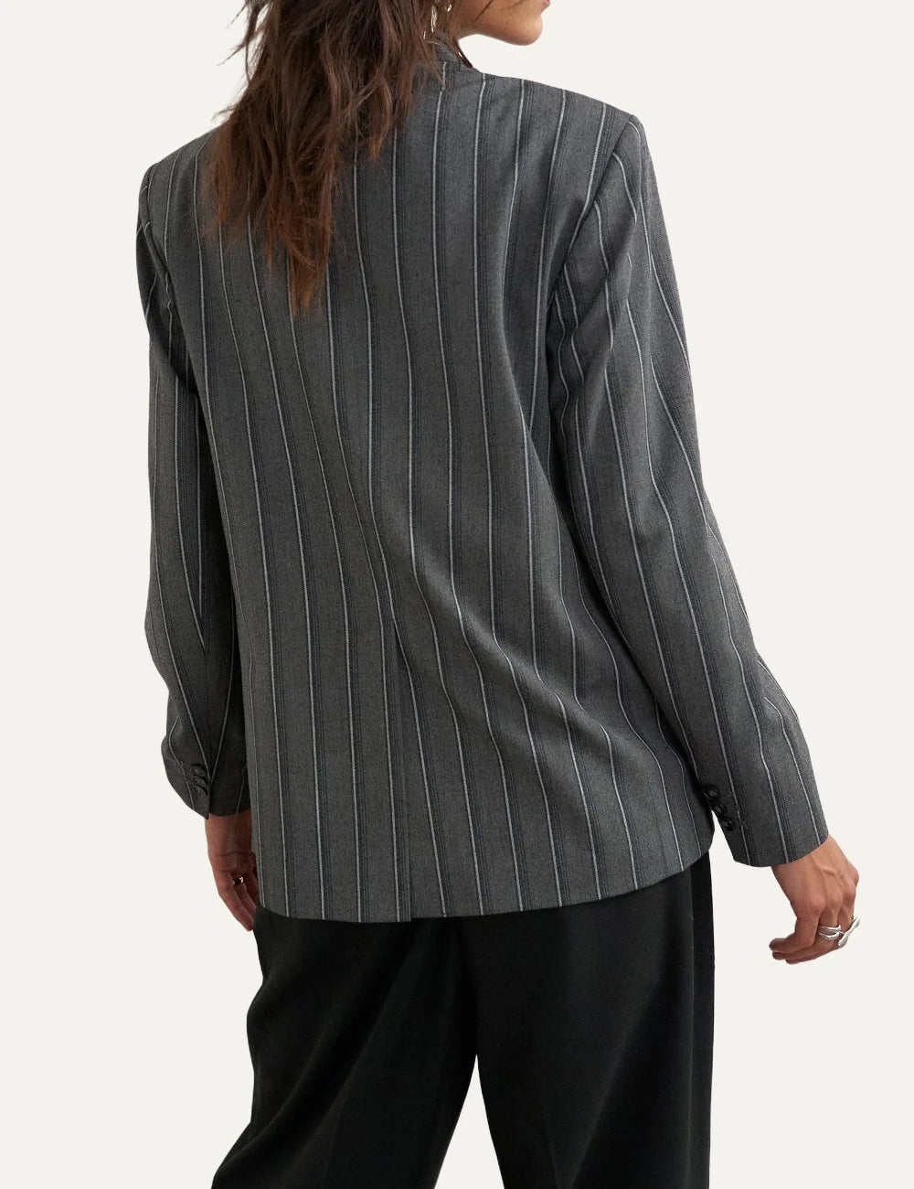 Topshop women's dark grey pinstripe blazer with high collar, asymmetric button closure and front flap pockets back