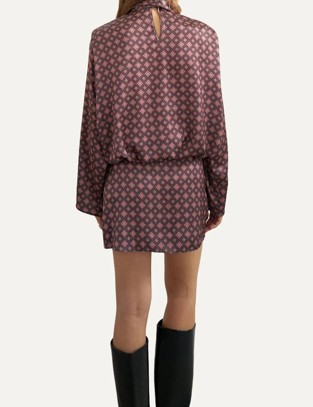 Topshop women's burgundy and pink satin mini dress with geometric diamond print, high scarf neckline and long sleeves back