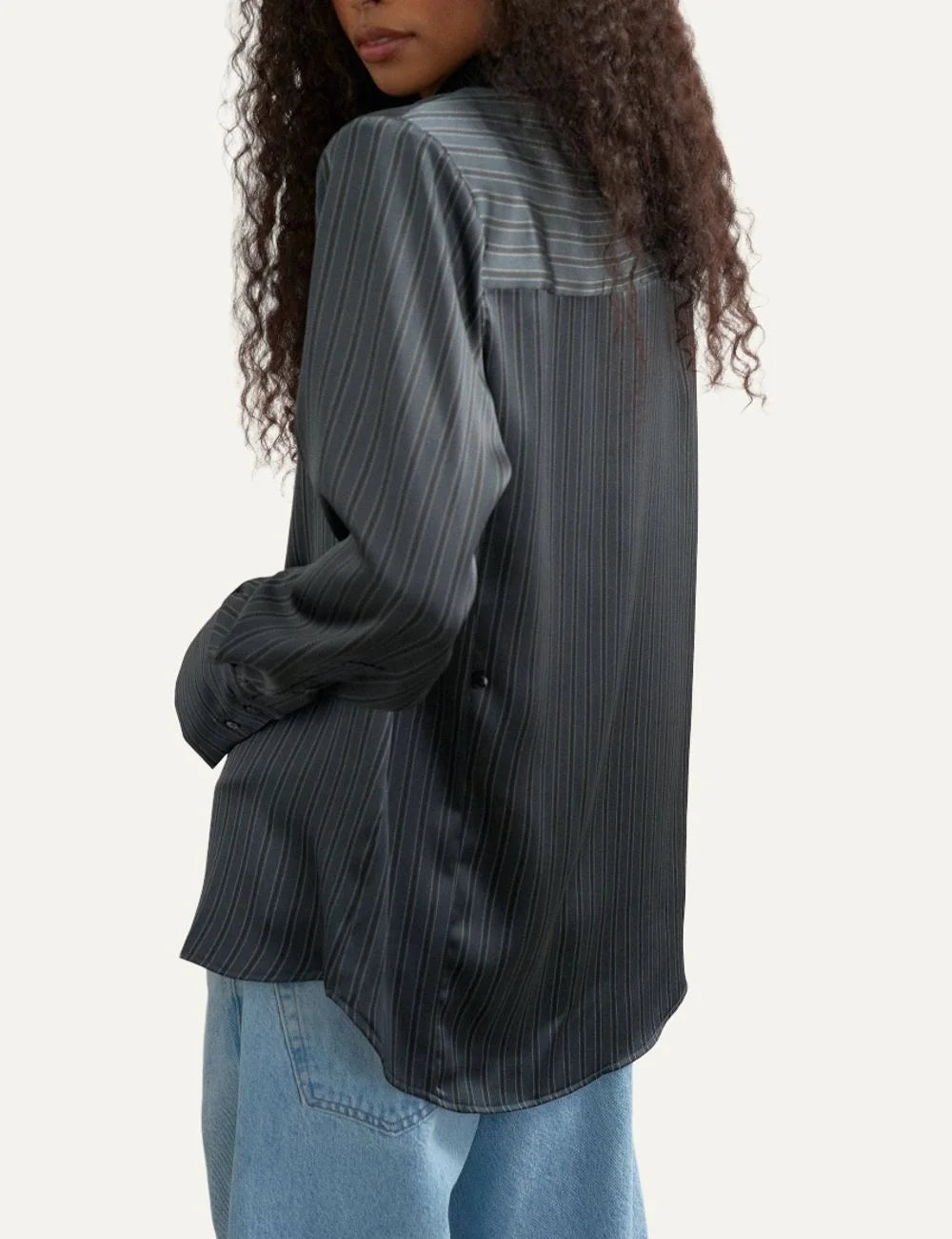 Topshop women's dark grey pinstripe satin shirt with matching tie, long sleeves and wide cuffs back