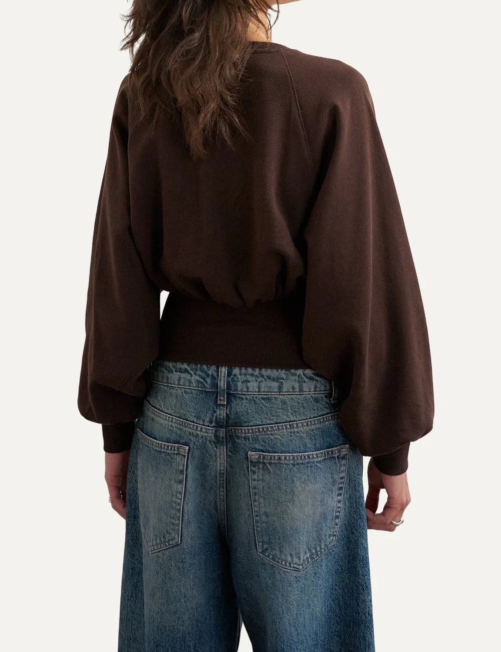 Topshop women's chocolate brown cropped sweatshirt with crew neck, balloon sleeves and wide ribbed cinched waist back