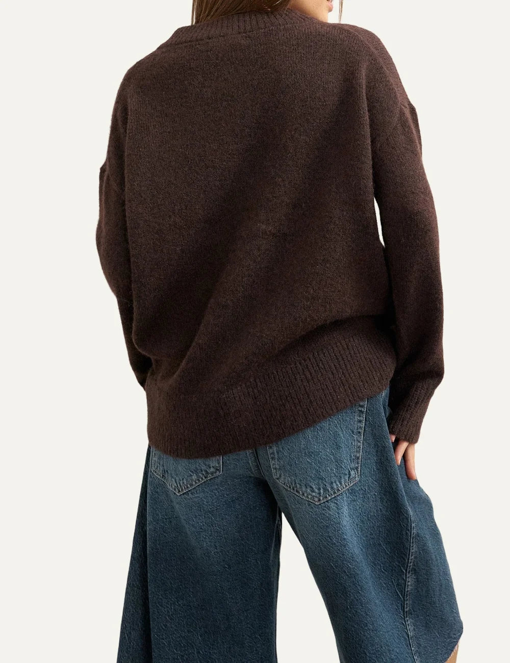 Topshop women's dark brown knitted cardigan with V-neck, button fastening, patch pockets and ribbed trims. back