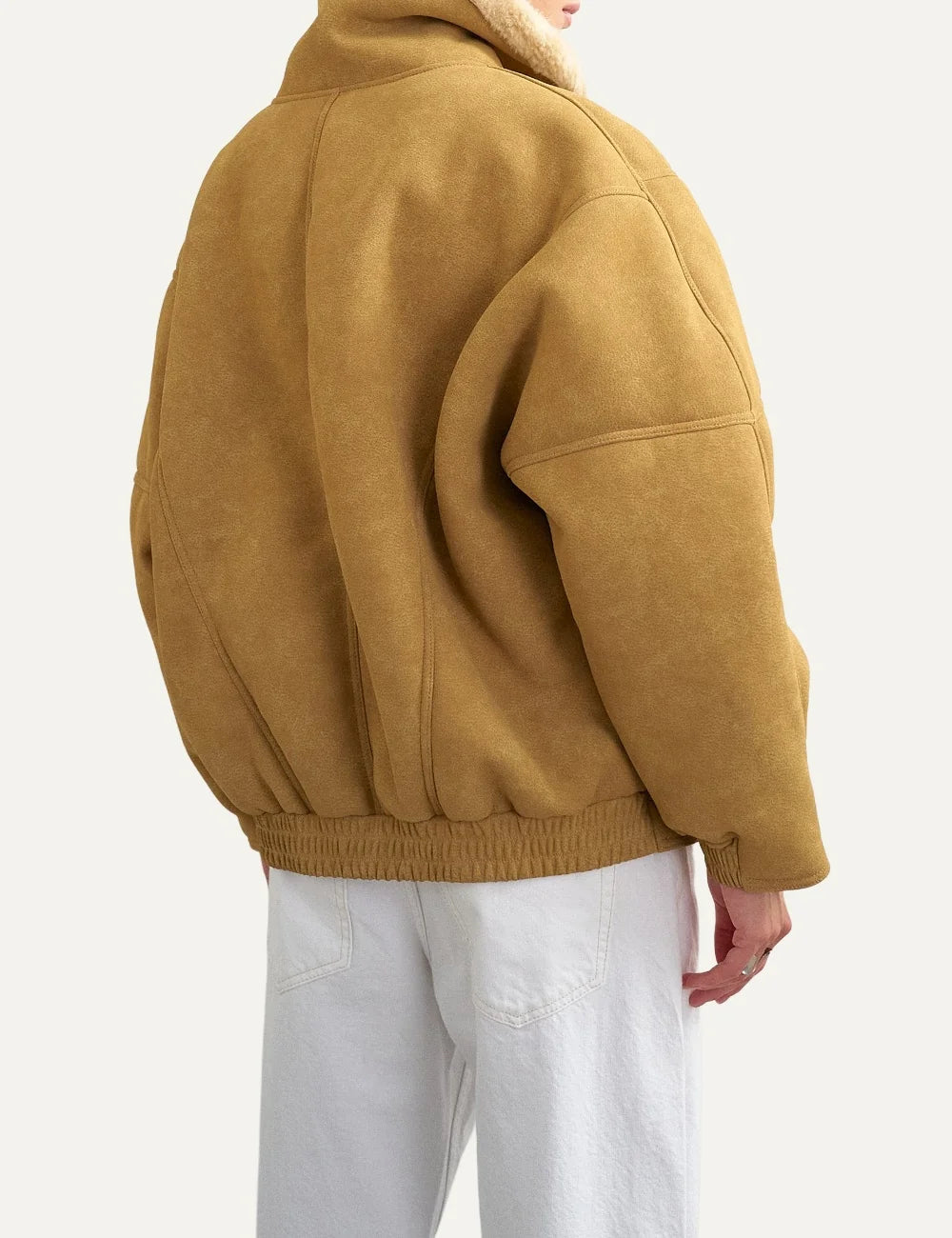 Topshop women's camel beige suede-effect jacket with cream faux fur collar, oversized fit and front zipper back