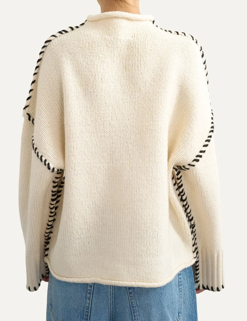 Topshop women's beige knitted jumper with crew neck, long sleeves and contrasting black stitch details back