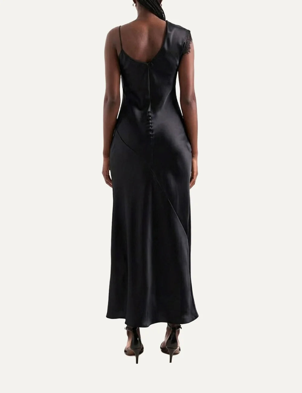 Topshop women's Clarion brown satin maxi dress with asymmetric shoulder and black lace trim back