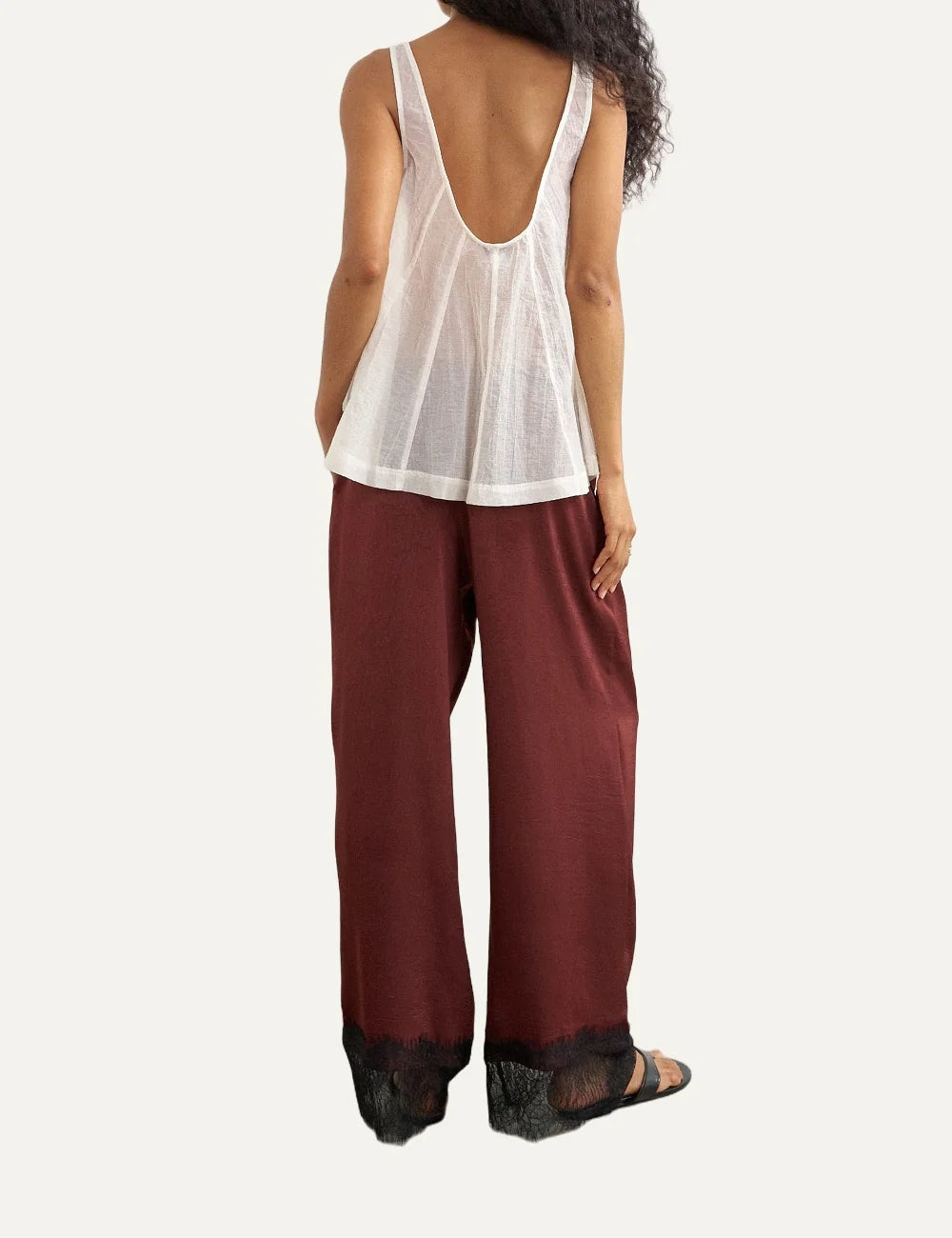 Topshop women's Tsemma burgundy satin wide-leg trousers with black lace trim back