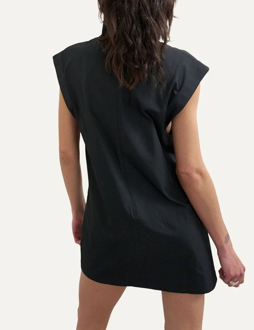 Topshop women's black mini shift dress with high funnel neck and structured cap sleeves back