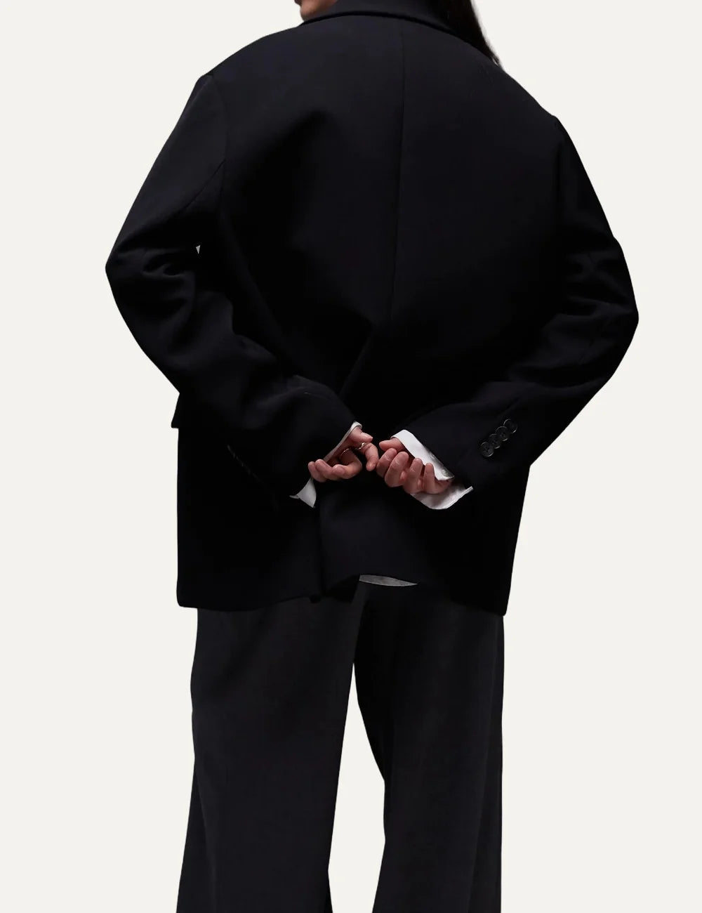Topshop women's black oversized blazer with notched lapels, single-button closure and flap pockets back
