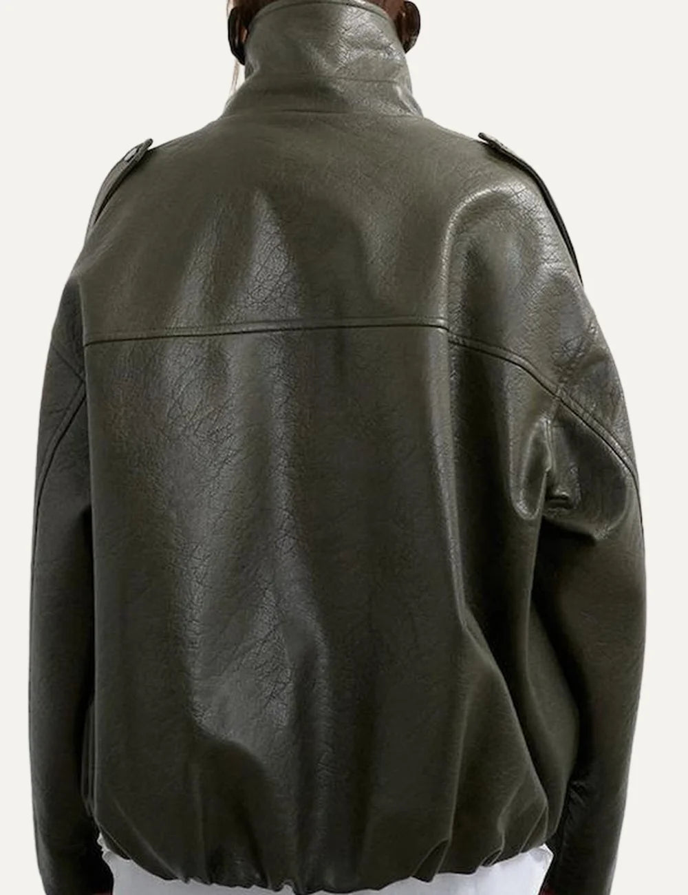 Topshop women's olive green faux leather bomber jacket with stand collar, front zip and snap buttons back