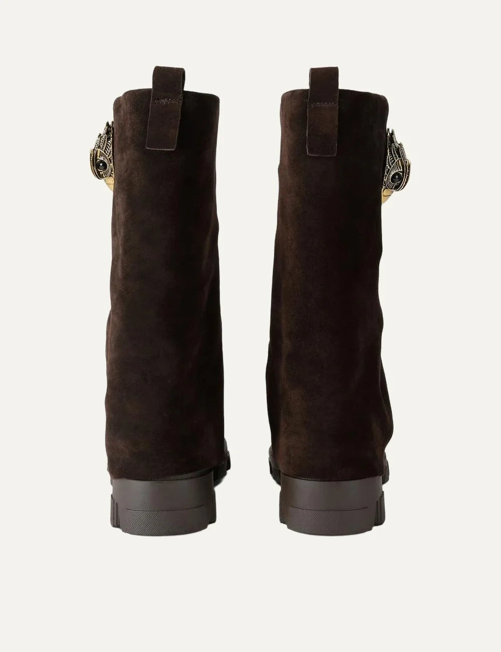 Kurt Geiger London women's Stomp Foldover Crystal boots in dark brown suede with crystal-embellished gold eagle detail and chunky lug sole back