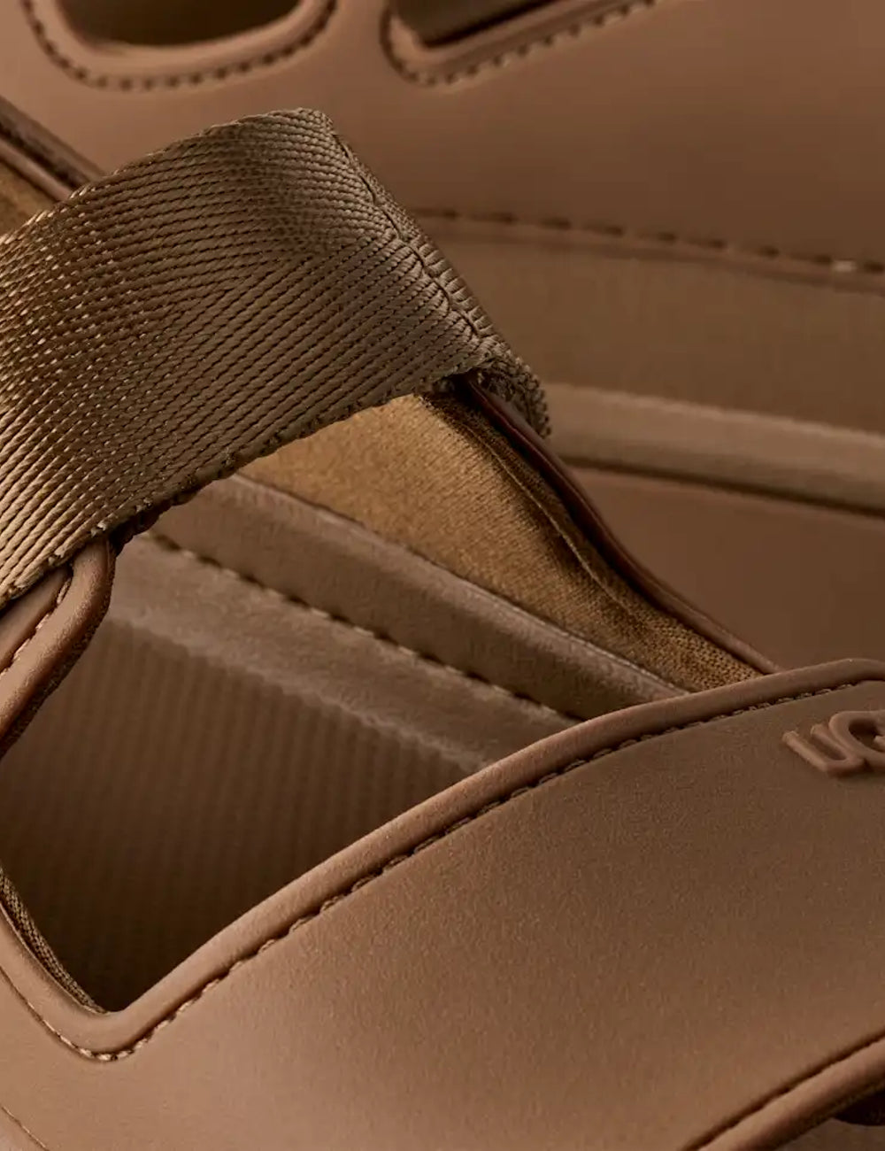 UGG GoldenGlow platform sandal Bison Brown logo view